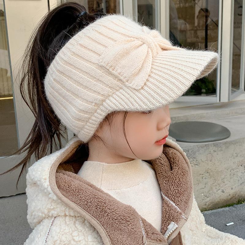 Empty Top Ear Protection Woolen Hat Baby Girl Bow Knitted Duckbill Hats 3-10Year Kids Winter Warm Earmuffs Cap Children Beanies