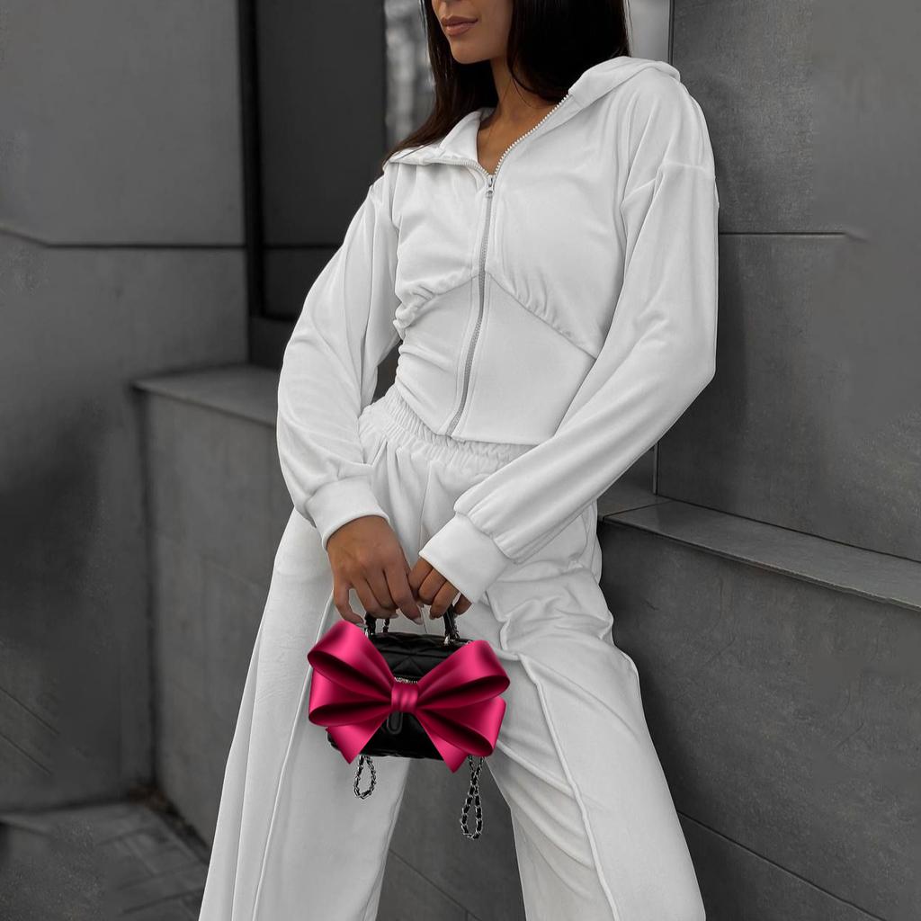 Spice Girl Waist Solid Color Slim Zipper Velvet Jacket Suit Street Style Fashionable Versatile Casual Trousers Women