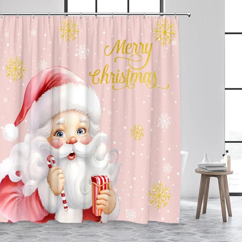 Pink Christmas Shower Curtains Cute Santa Claus Elk Bells Xmas Tree Gold Snowflake New Year Bathroom Curtain Decor with Hooks