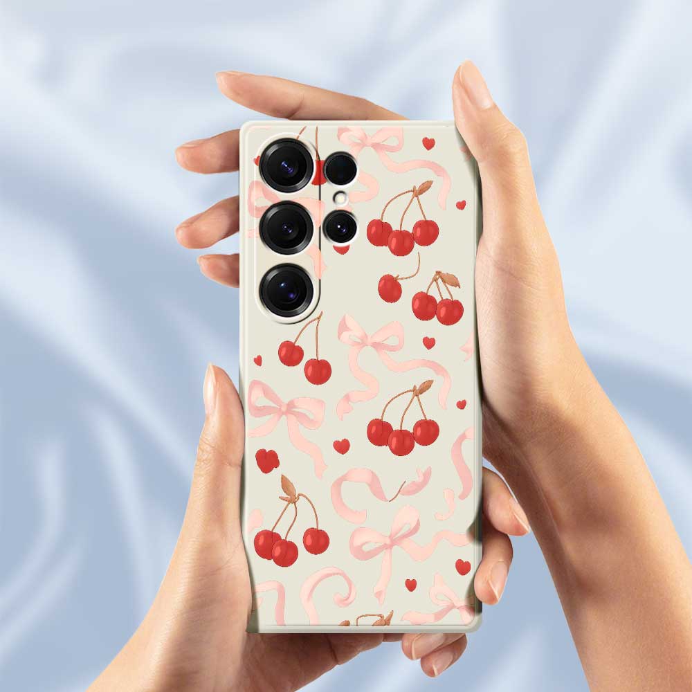 For Samsung Galaxy S25 Ultra Case Big Bow Cherry Pattern Printing Straight Edge TPU Phone Back Cover