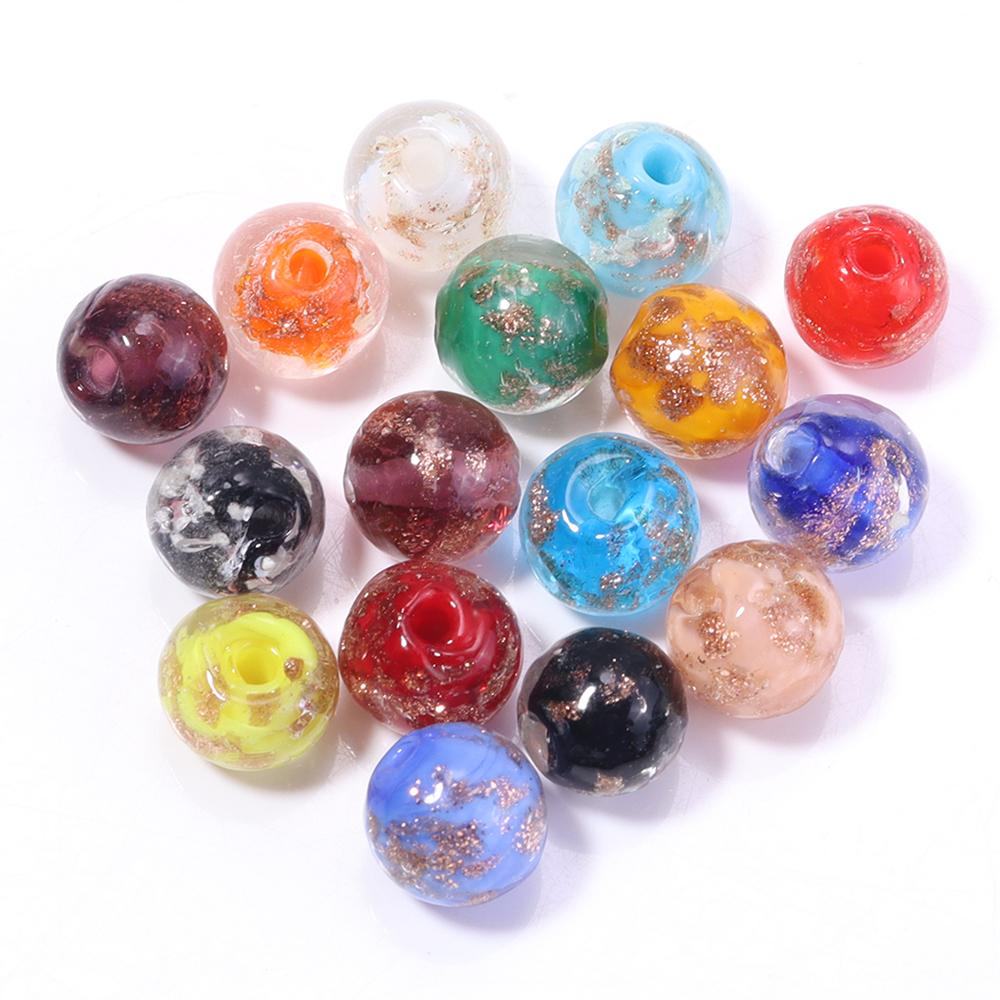 10 шт. 8/10/12 мм Бусины Лэмпворк Разноцветные Золотой Песок Стеклянные Круглые Рассыпные Бусины Для Изготовления Украшений DIY Браслет Серьги Аксессуары 8mm