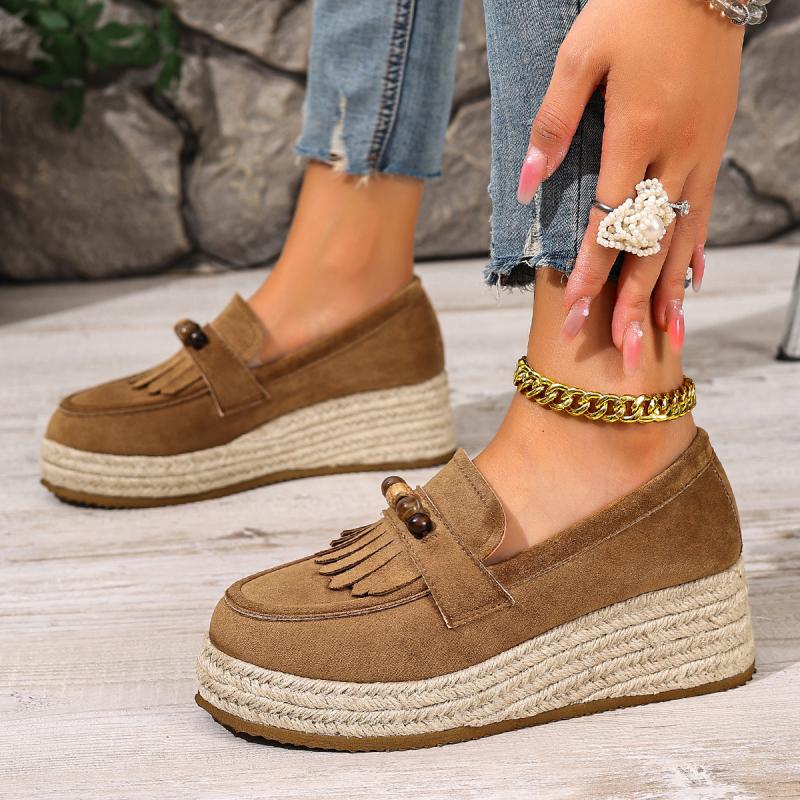 Fashion Bohemia Colorful Bead Decoration Loafer Shoes Women Autumn Comfort Hemp Wedge Heel Pumps Fashion Tassels Suede Slip On Shoes