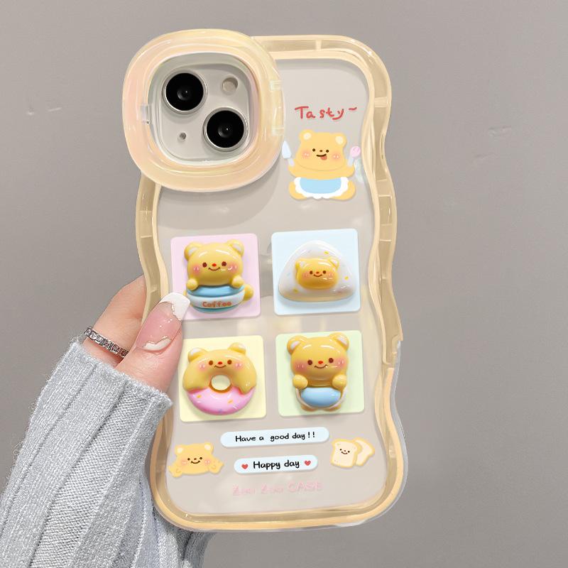 Applicable To Apple 15PM Mobile Phone Case IPhone 14 Four-grid Bear Doll 13 Wavy Side Invisible Double Stand XS