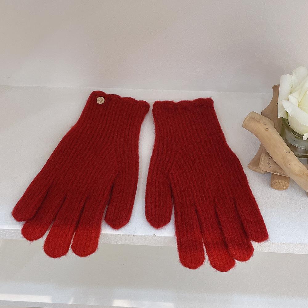 

Однотонные кружевные перчатки из смесовой шерсти для женщин на зиму, теплые вязаные пятипалые перчатки с сенсорным экраном для защиты от холода