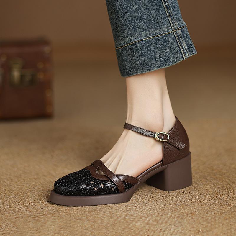 High Heels Damenschuhe Dicke Absätze Ein-Knopf-Sandalen Gewebt Ausgehöhlt Schweinekäfigschuhe