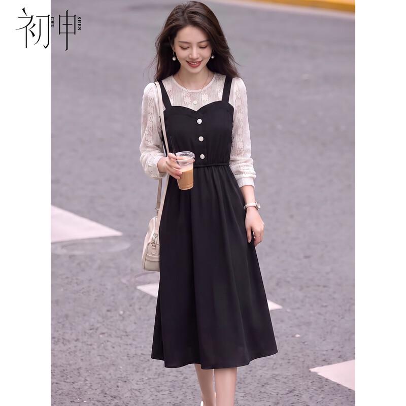 Chushen French Elegant Spliced Lace Long Sleeve Midi Dress
