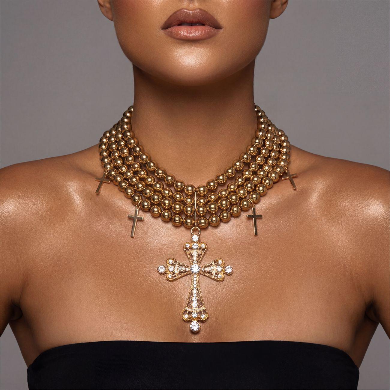 European and American exaggerated multi-layer round bead necklace, diamond-encrusted large cross pendant, hip-hop neck chain alloy+ccb золотой
