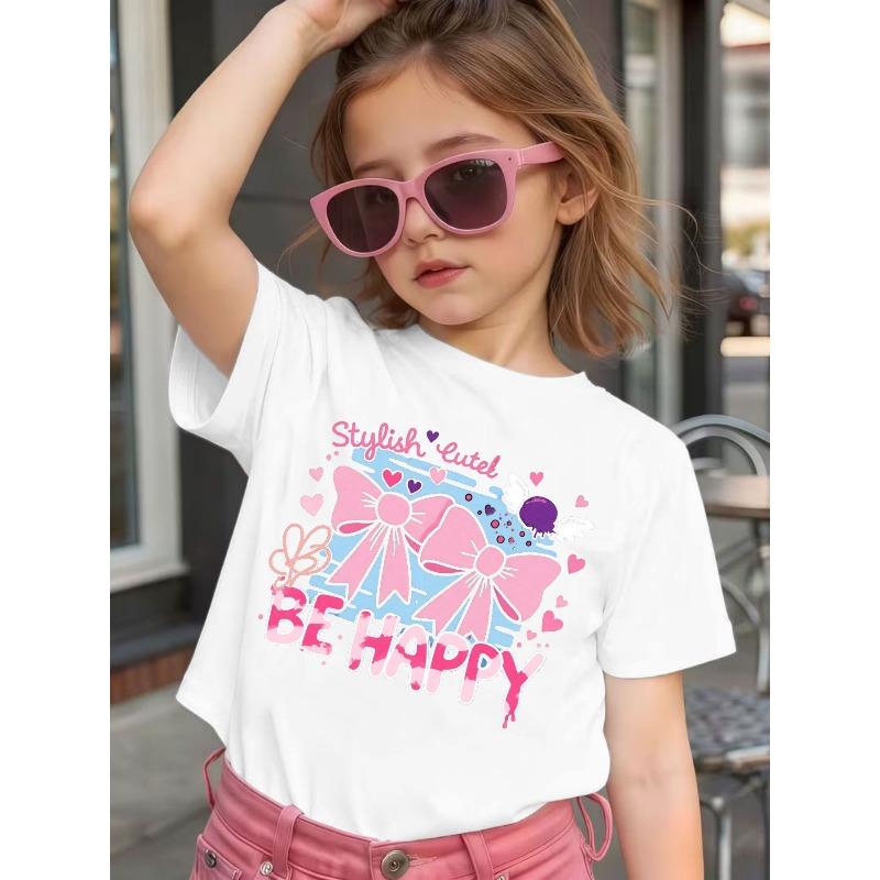 Girls Crewneck Summer T-Shirt, Cute Cartoon Bow & Heart Print 110 белый