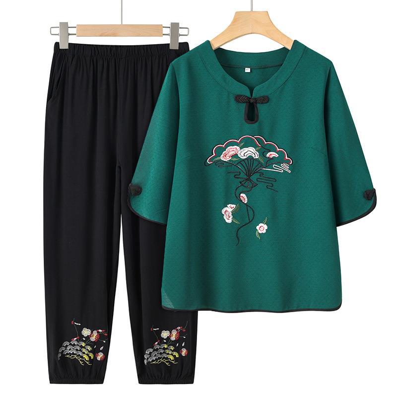 Middle-aged and Elderly Spring and Summer Clothing Casual Thin Short-sleeved + Seven Trousers Two Piece Suit