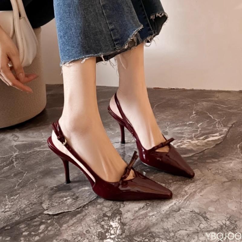

Модные женские туфли на высоком каблуке Новые универсальные сандалии на тонком каблуке Лакированная кожа Узел-бабочка Задний ремешок с застежкой Остроносые сандалии на высоком каблуке 40 бордовый