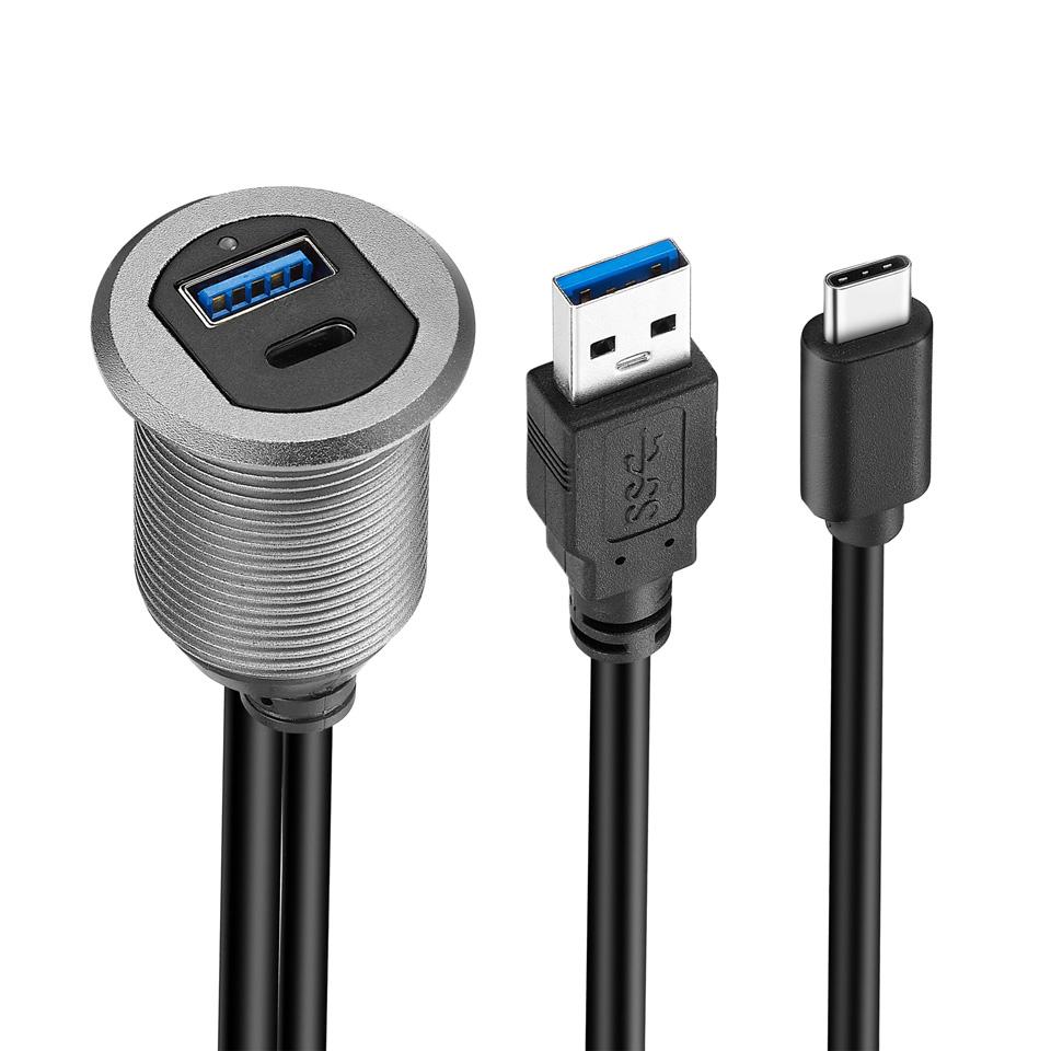 Bochara USB3.0+Type C 3.1 3.0 Male To Female Extension Cable Flush Mount Panel Dashboard Aluminum Alloy With Indicator