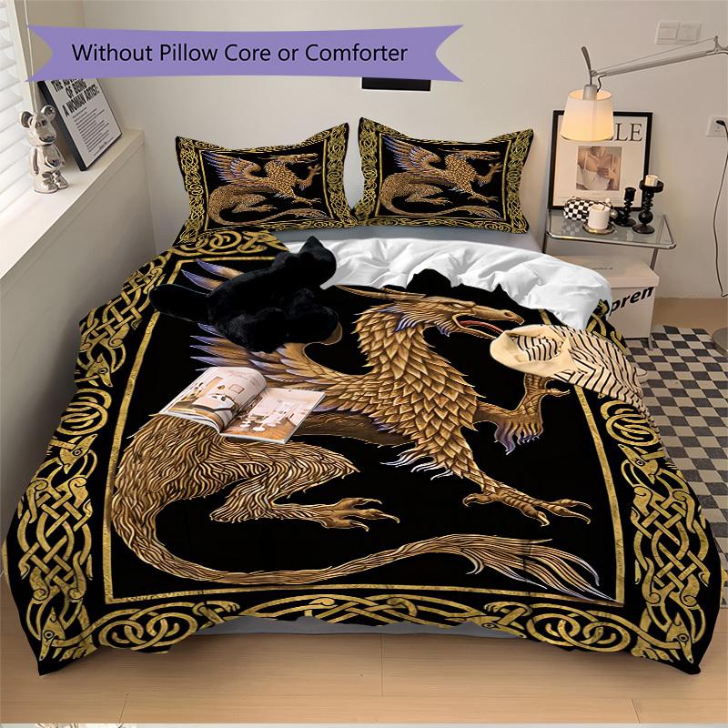 3pcs Golden Dragon Duvet Cover Set - Includes 1 Duvet Cover and 2 Pillowcases, No Quilt Core, All-Season Home Decor Yy251111075