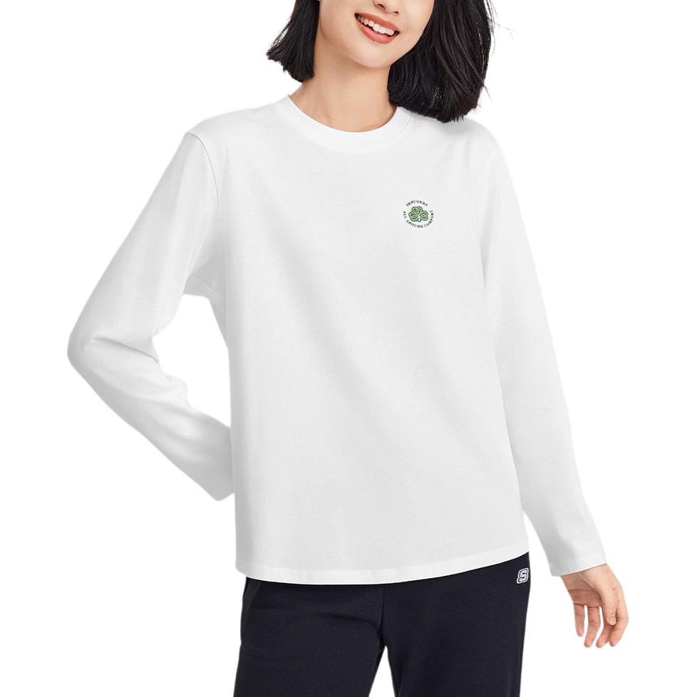 Skechers Trefoil Embroidered Skin-Friendly Pure Cotton Sports Long Sleeve T-Shirt Women Tops Bright-White L324W088-0019