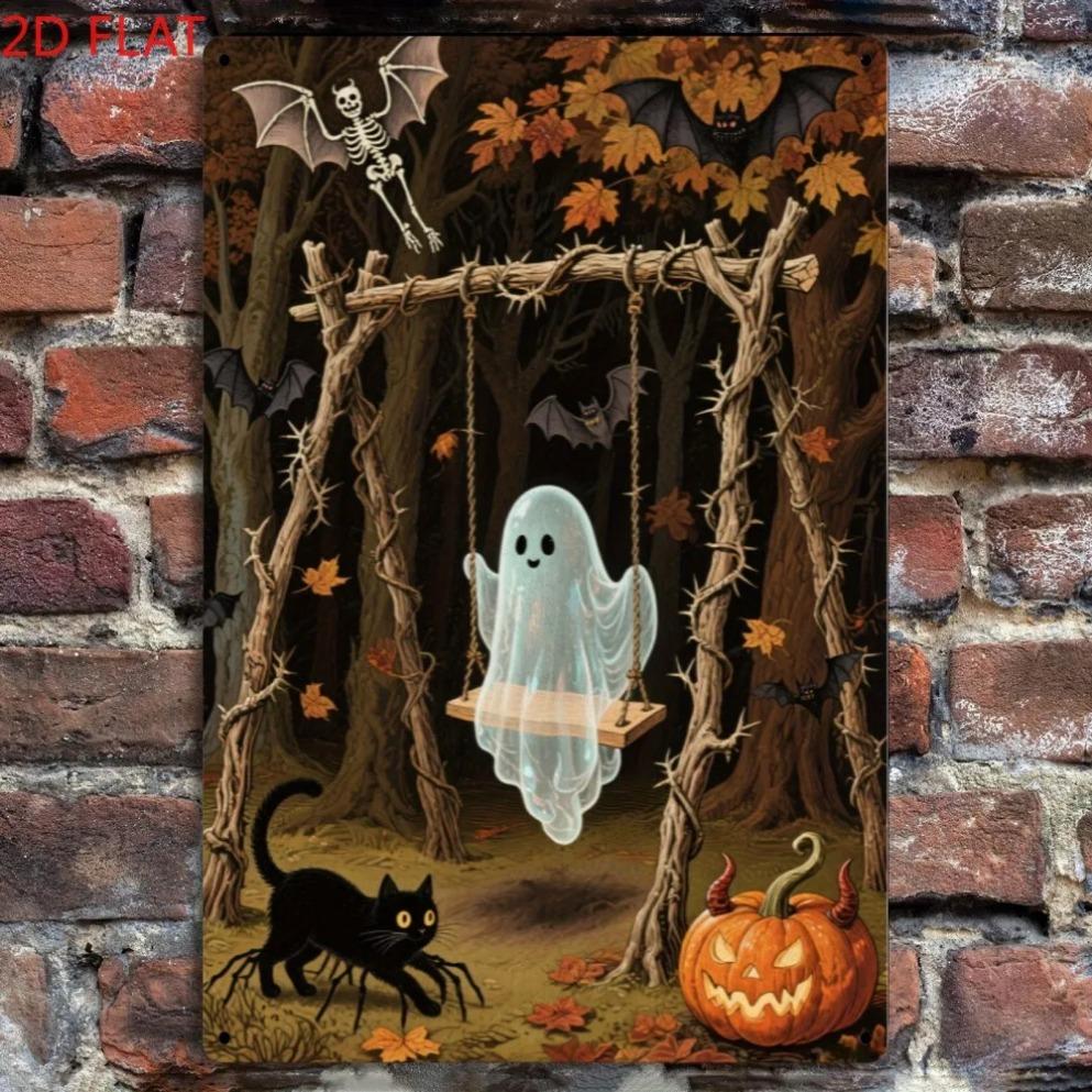 1pc 2D Flat Vintage Halloween Iron Sign  Spooky GhostsBatsPumpkinsHaunted House Decor Ideal for Living RoomGarden