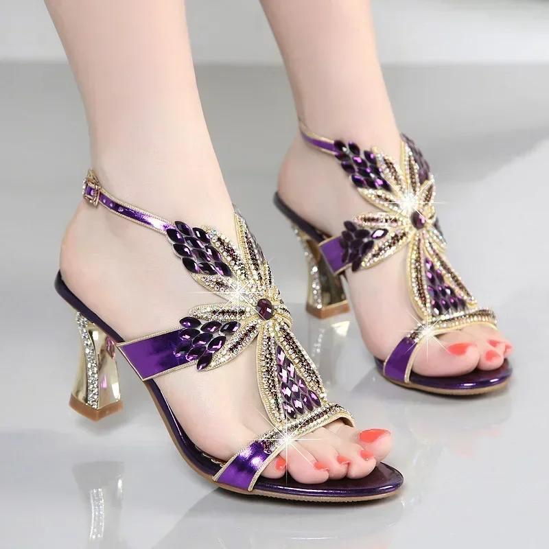 Genuine Leather Glitter Women Open Toe Sandals High Heels Party Shoes Gladiator Wedding  Summer Rhinestone Wedding Shoes Bride