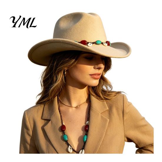 Wide Brim Felt Hat Wool Fedora, Unisex Western Cowboy Hat, Retro Sun Protection Fall Cowgirl Jazz for Women Men Autumn Winter Large Face Slimming