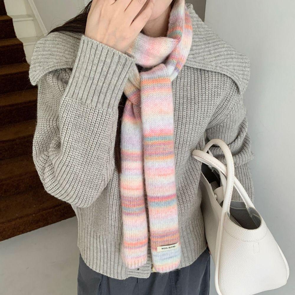 Korean Style Cashmere Knitted Scarf Plush Winter Shawl Fashion Rainbow Striped Scarf  Student
