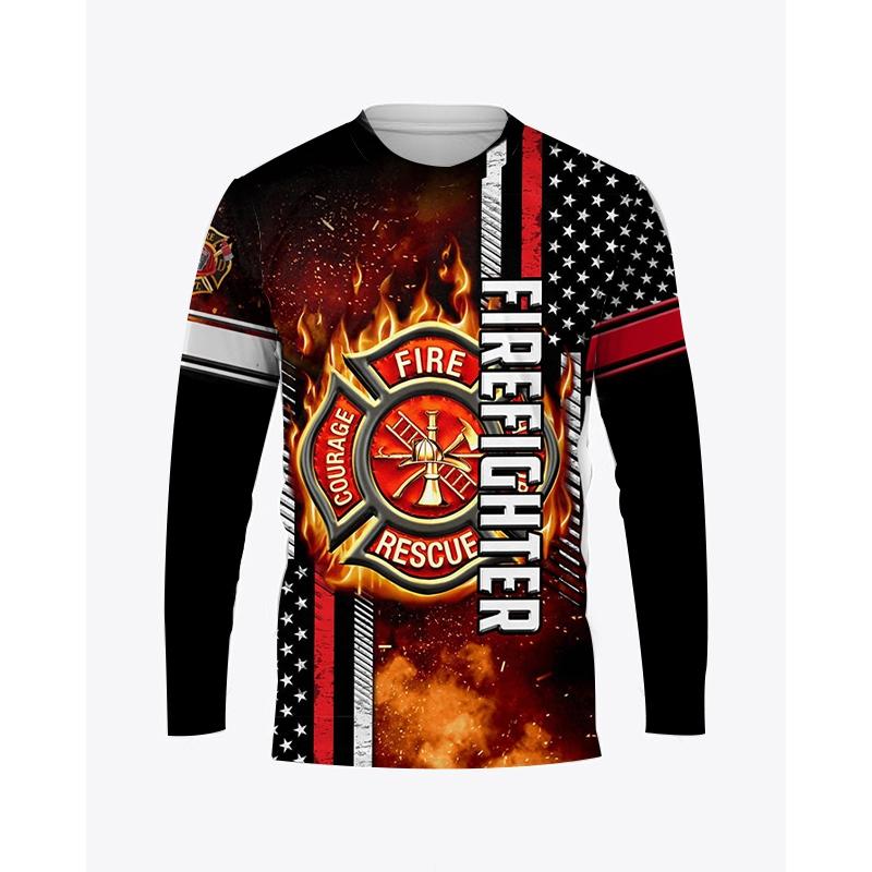 Firefighter Graphic Printed Autumn Men's O-Neck T-shirt Casual Long Sleeve Oversized Pullover Fashion Streetwear