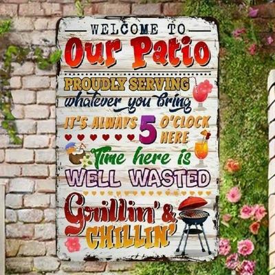 Handmade Vintage Metal Welcome Sign, 8x12 Inch Rustic Patio & Outdoor Wall Art Decor, Home Bar Pub Wall Hanging for BBQ, Man Cav