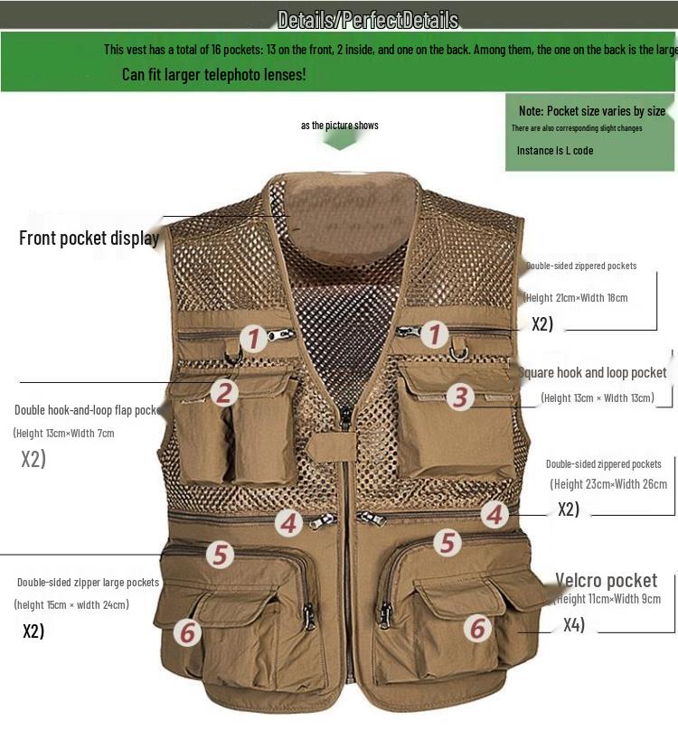 Men's Lightweight Cotton Multi-Pocket Mesh Vest - Sleeveless, Plus Size, Ideal for Summer, Fishing, and Outdoor Activities.