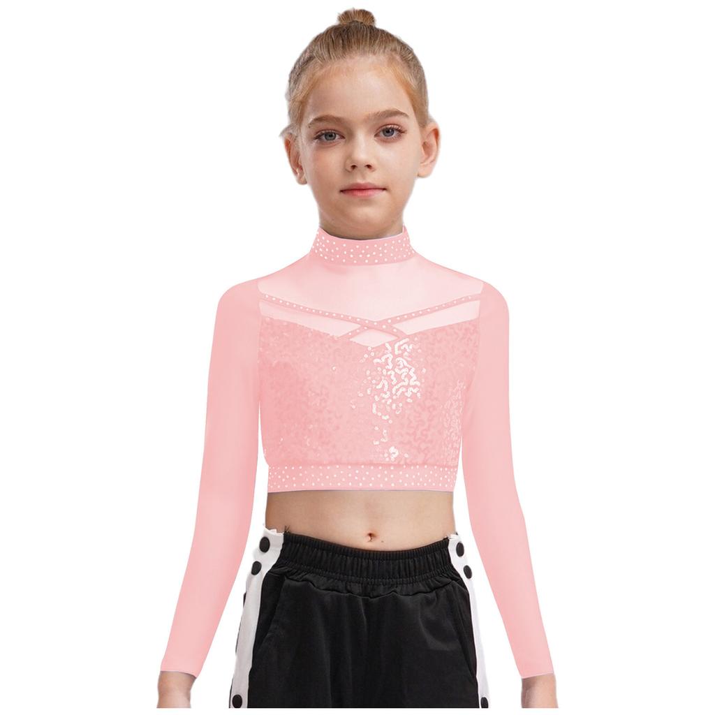 Dziewczęcy Crop Top do Tańca Jazzowego z Wysokim Dekoltem i Długim Rękawem, Przezroczysta Siateczka, Patchwork, Błyszczące Płatki, Kostium na Występ
