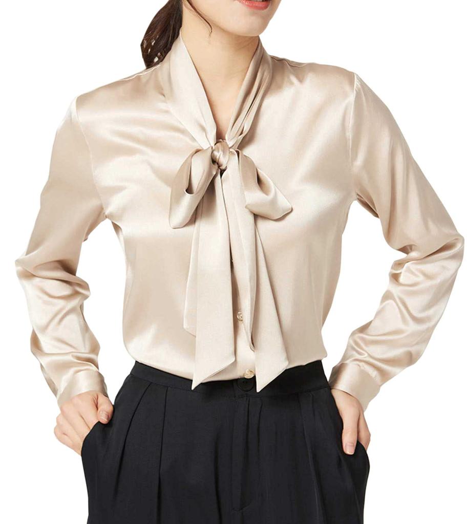 MAYUDAMA Silk Heavy Silk Blouse with Bow Tie and Large Long Small and Large Choice of Sizes and Colors Champagne Ribbon, Spring/Autumn, Sleeve,