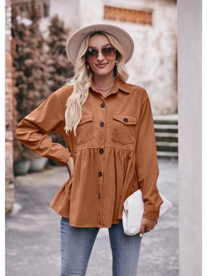 Damen 2024 Cordhemd Langarm Revers Einreihig Thermobluse mit Taschen, Herbst Winter Warmes Stretch-Tunika-Top für Freizeit & Büro