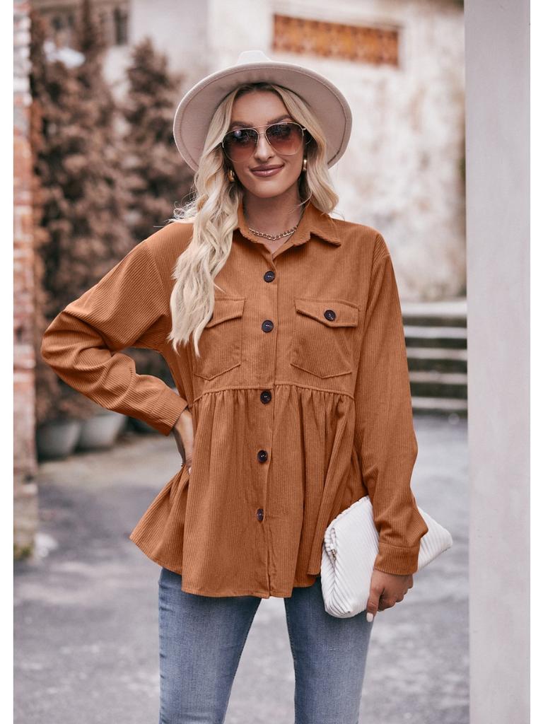 Women's 2024 Corduroy Shirt Long Sleeve Lapel Single-Breasted Thermal Blouse with Pockets, Autumn Winter Warm Stretchy Tunic Top for Casual & Office