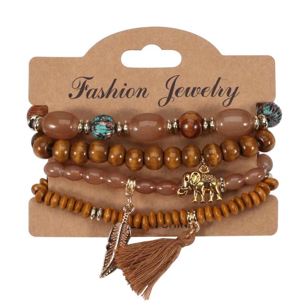 Bohemian Elephant Leaf Tassel Pendant Bracelet with Wooden Beads
