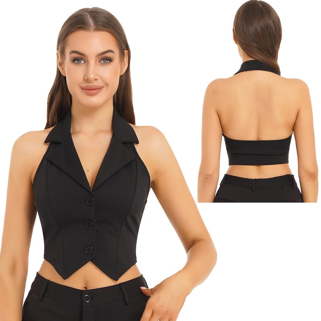 Ladies Crop Tops Formal Elegant OL Waistcoat Suits Vest Women Backless Vest Outerwear Jacket Coat Halter V-Neck Office