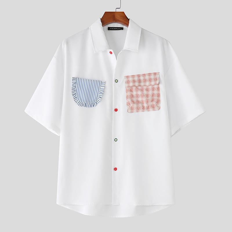 

INCERUN Oversized Summer Men Lapel Neck Plaid Print Patchwork Buttons Casual Shirts 3XL белый