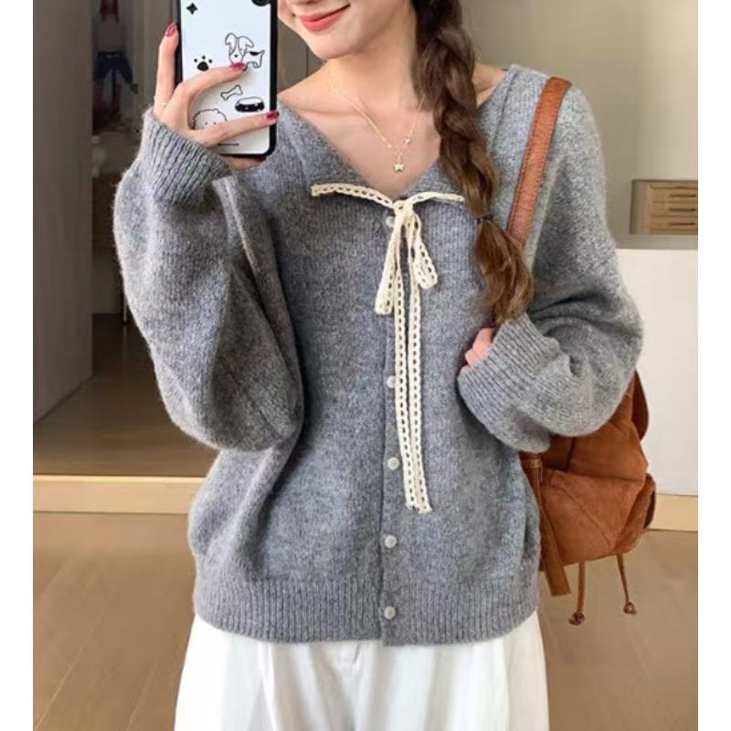 

Autumn and winter new lace lapel sweater women s coat women s solid color versatile soft waxy knitted cardigan top average size
