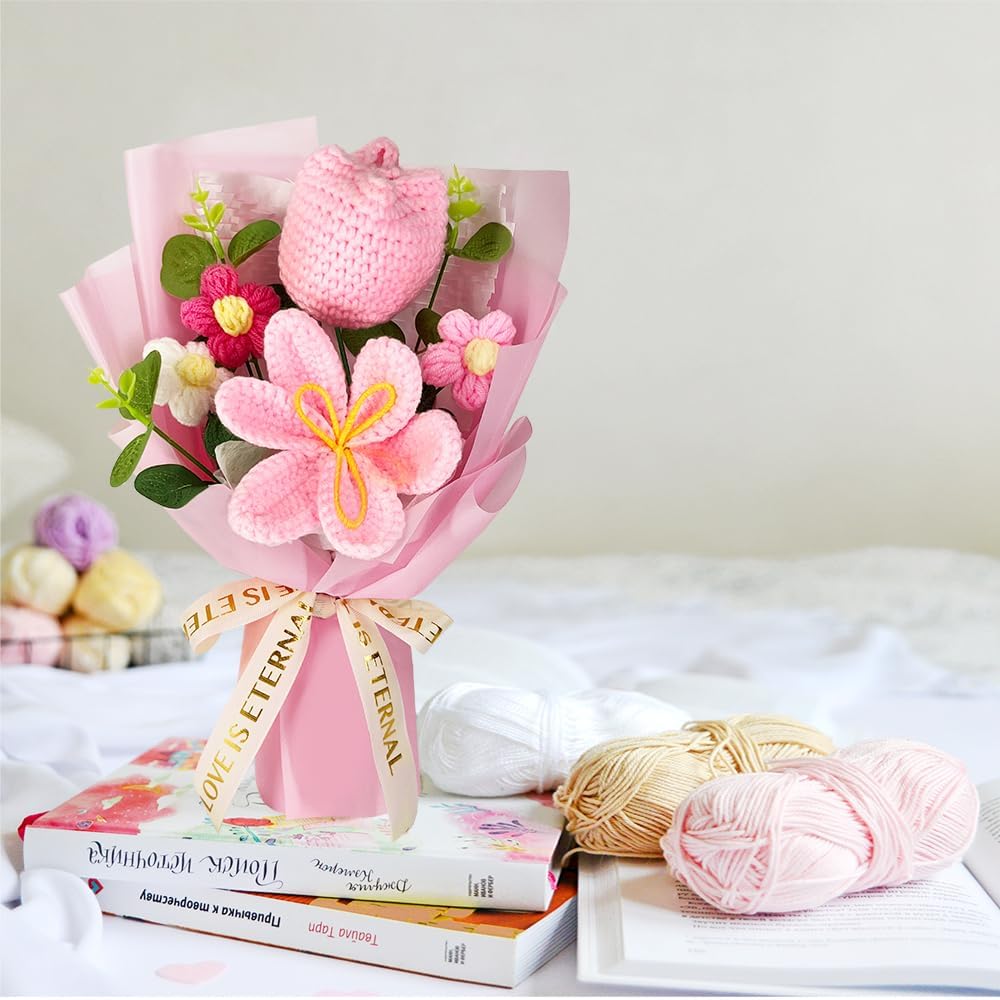 Crochet Flower Bouquet: Completed Crochet Tulip Flowers for Graduation Gifts Birthday Home Decor (Pink)