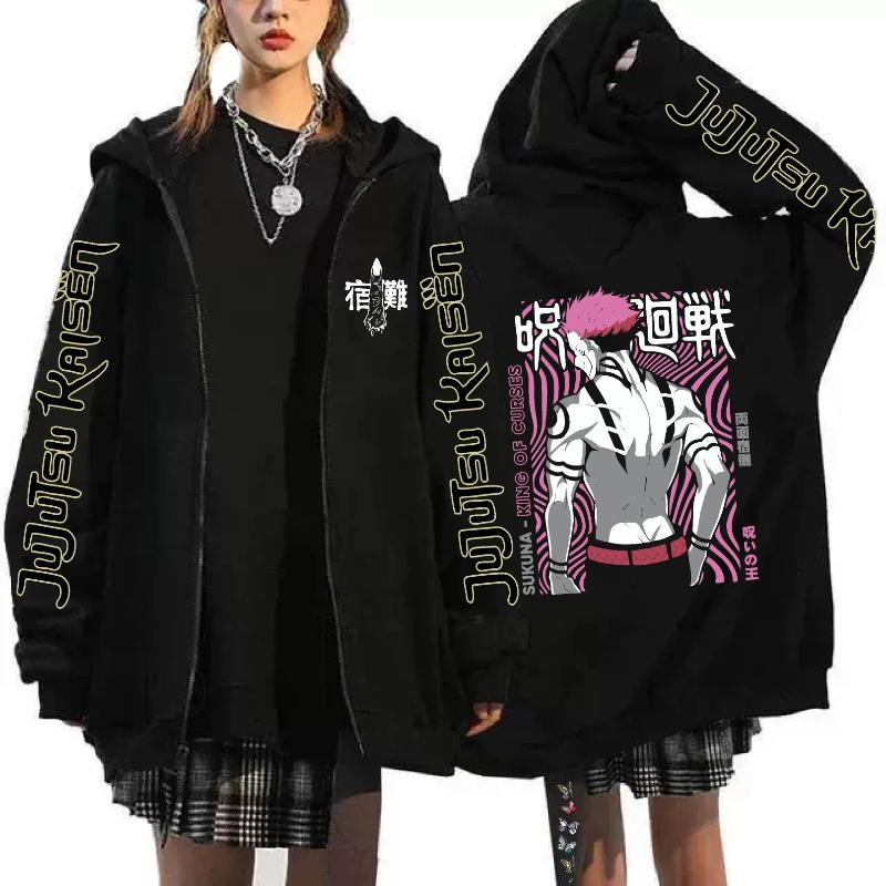 Spell Return Battle Printed Zipper Hoodie Women Men Casual Loose Casual Loose Harajuku Ip-up Hoodie