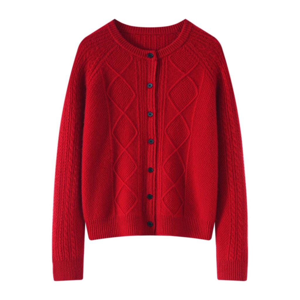 2026 Autumn/Winter Cashmere Round Neck Loose Knit Cardigan with Long Sleeves & Diamond Cable Design