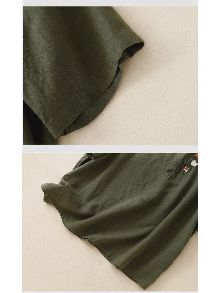 Damski letni etniczny haftowany bawełniano-lniany luźny T-shirt z krótkim rękawem