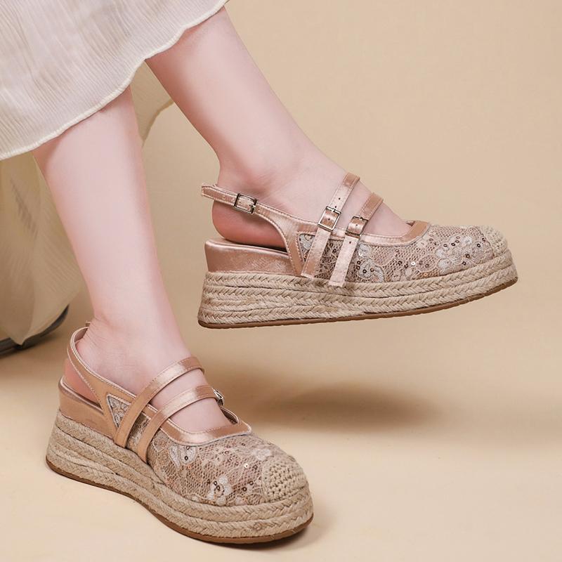Fashion 2025 Shoes Female Closed Toe Women's Sandals Fashion Sequins Casual Summer New Belt Buckle Shallow Best Seller Wedge Sandals