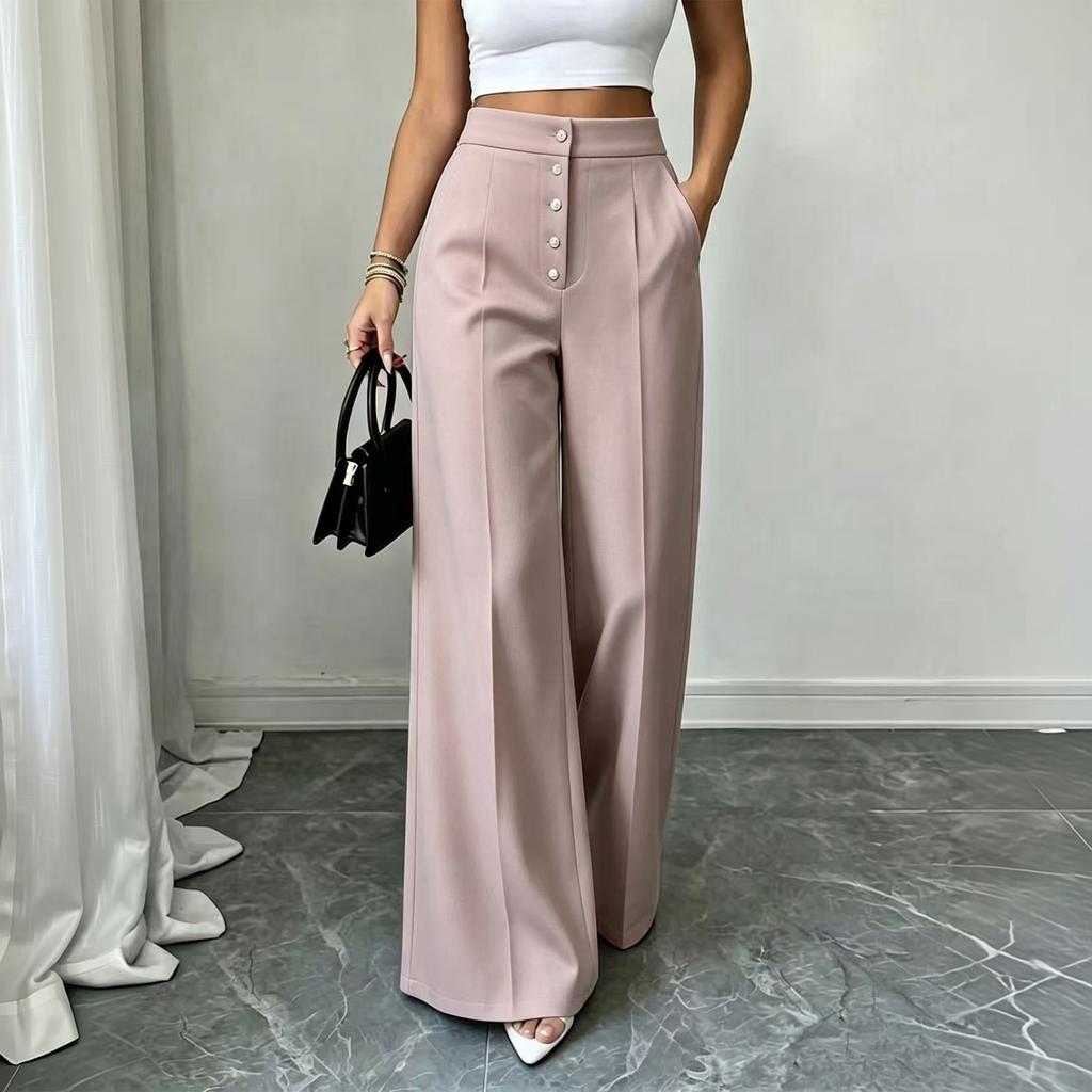 Women's High Wide Leg Pants with Button Pockets Color Casual Trousers for Commute