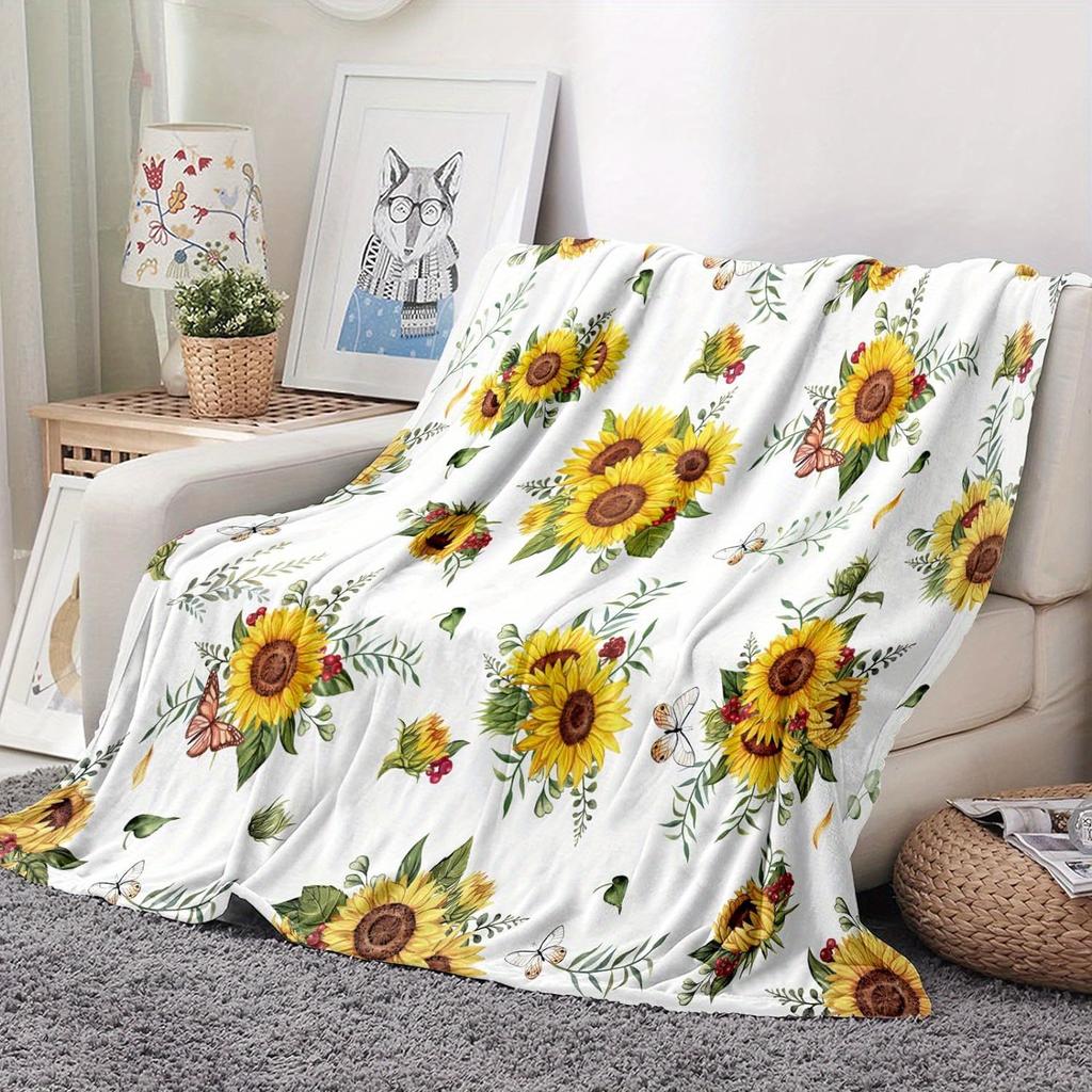1pc Vintage Sunflower Pattern Blanket, Polyester Fabric, Machine Washable, Suitable for Bedroom Living Room Decoration