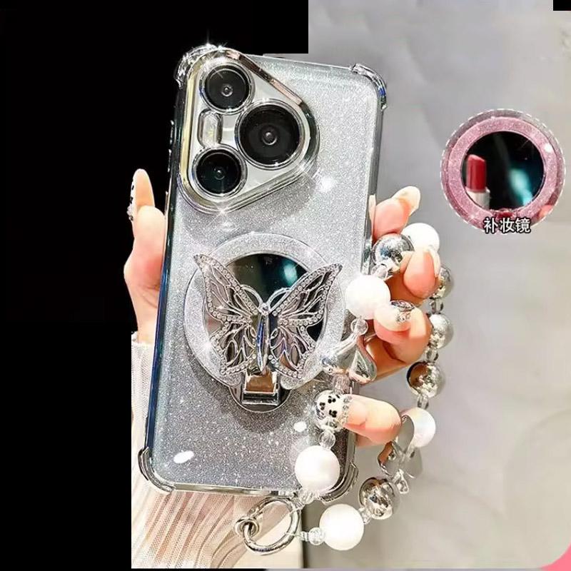 Mirror Shockproof Magnetic Case for Huawei Pura 80 70 Ultra P50 P40 P30 Lite Mate 70 Pro Butterfly Phone Holder Bracelet Cover