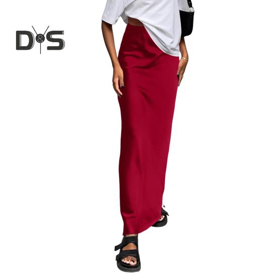 Women Satin Skirt High Waist Midi Long Skirt Slim Wrap Hip A-line Faux Silk Skirts for Spring Summer Streetwear