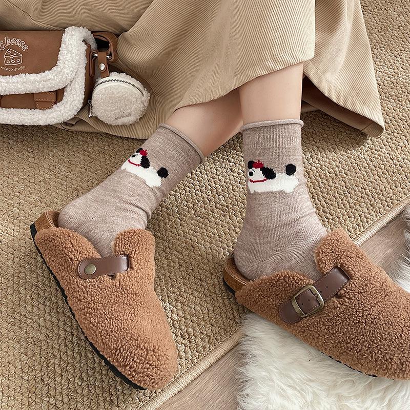 Woolen Socks for Women, Thick and Warm Mid-calf Socks for Autumn and Winter, Cartoon and Cute Grey Long Socks, Pile Socks