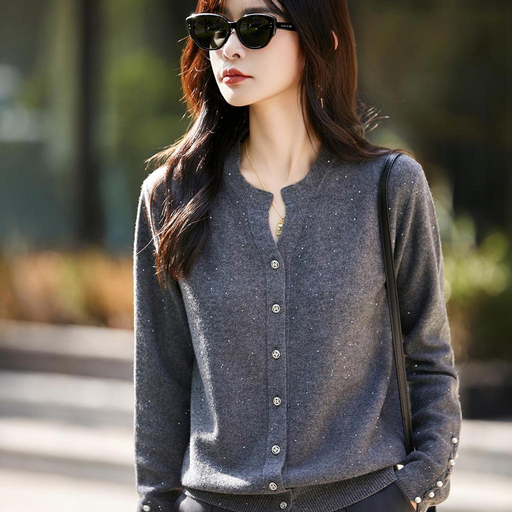 2026 Red Wool Cardigan with Sequins Lurex, Women's Long Sleeve Knit Sweater