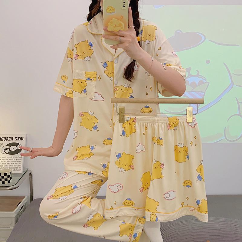 Cartoon Printed Puppy Short Sleeve Trousers Shorts Pajamas Women'S Three-Piece Summer Loungewear