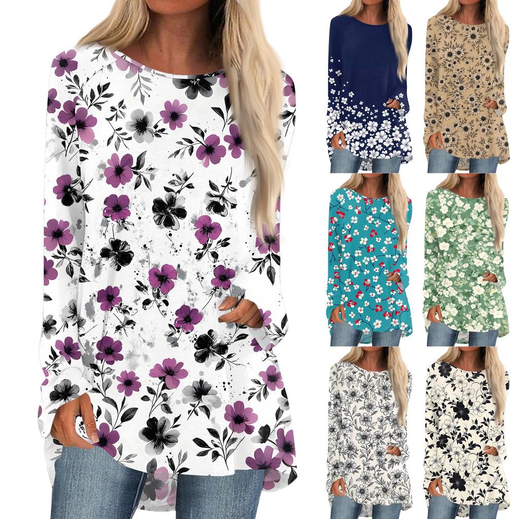 Women's Fashion Casual Long Sleeve Print Round Neck Pullover Top Blouse