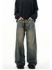 Autumn American Trend: Men's Loose Retro Yellow Mud-Dyed Straight Jeans, Washed & Distressed Wide-Leg Style