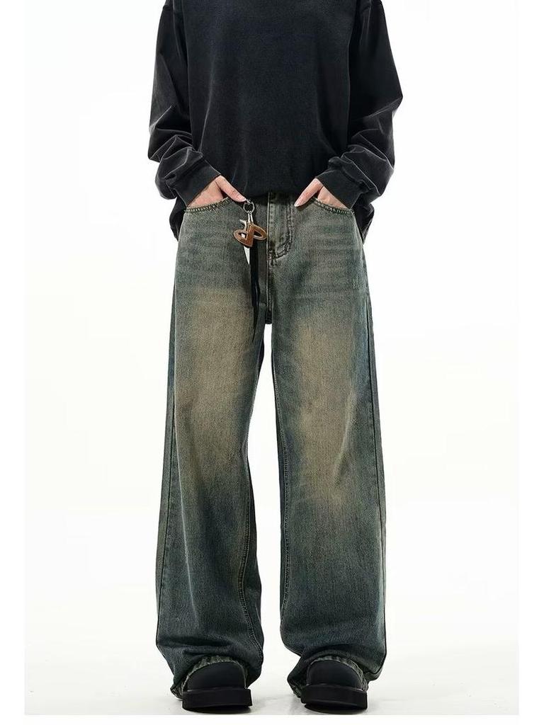Autumn American Trend: Men's Loose Retro Yellow Mud-Dyed Straight Jeans, Washed & Distressed Wide-Leg Style