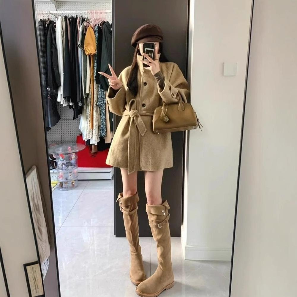 Khaki Woolen Jacket Ladies's Autumn and Winter Woolen Jacket Sense of Small Short Temperament