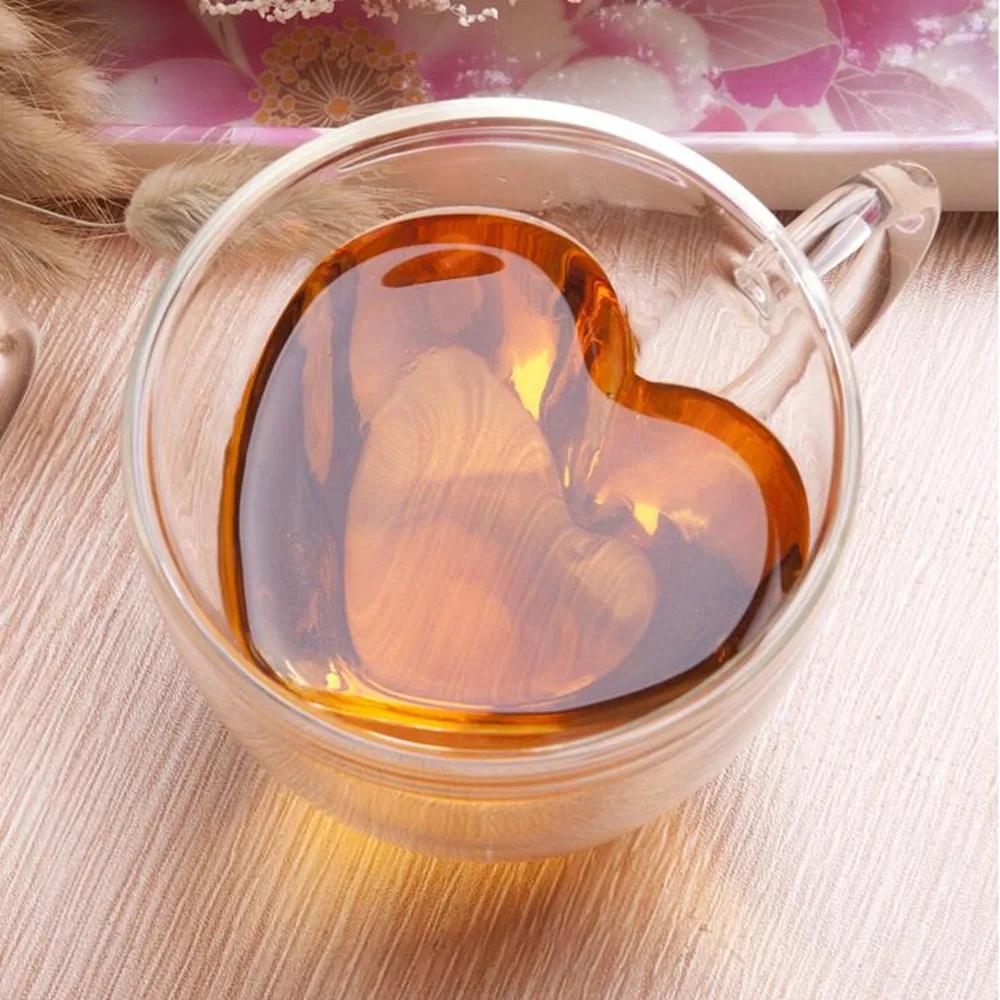 Creative Heart-shaped Double Glass Juice Mug Milk Coffee Cup Drinking Glass Tea Cups Double Wall Layer Tea Cup Heat-resisting