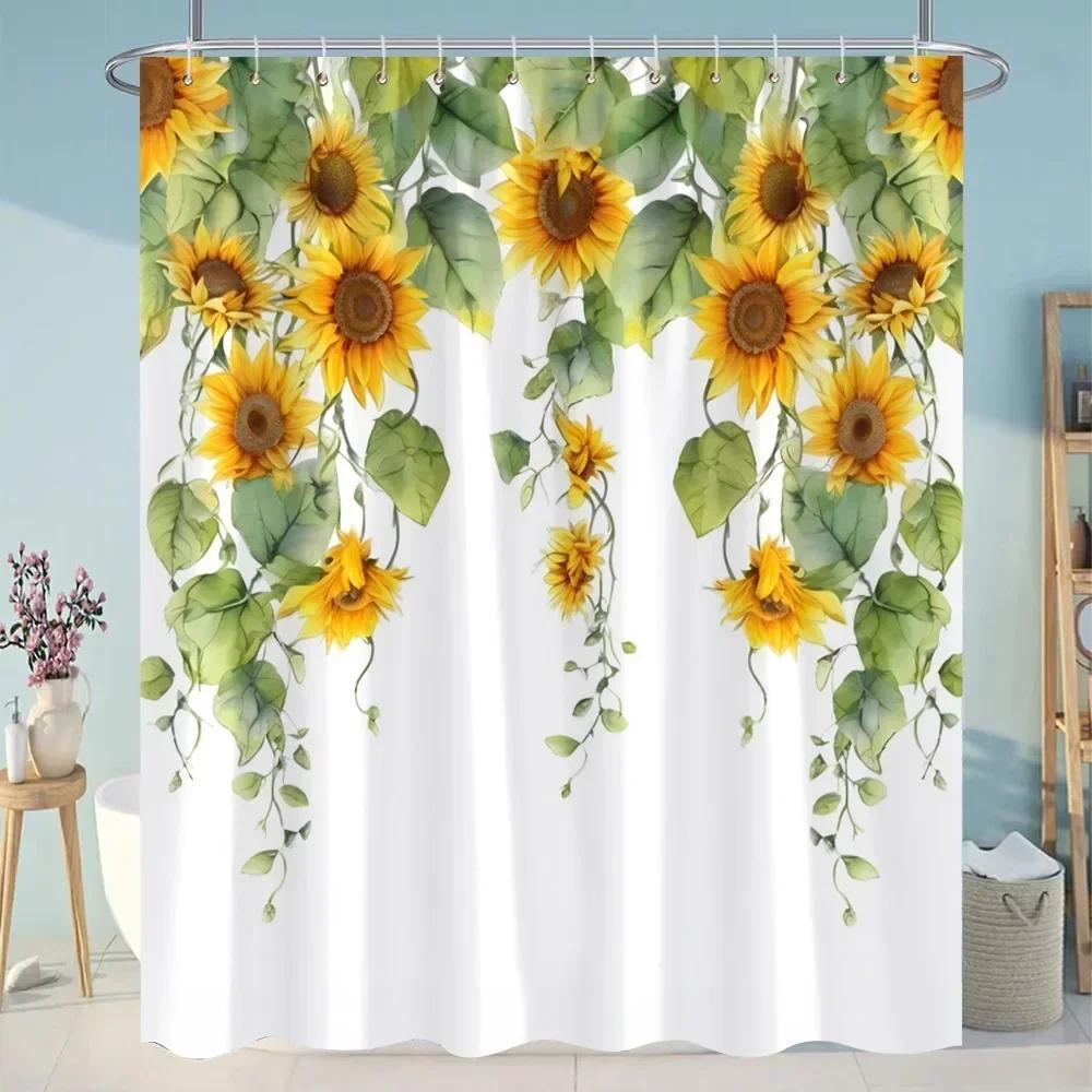 Sunflowers Lavender Shower Curtains Green Plants Popular Flowers Small White Daisy Butterflies Hanging Curtains Bathroom Decor